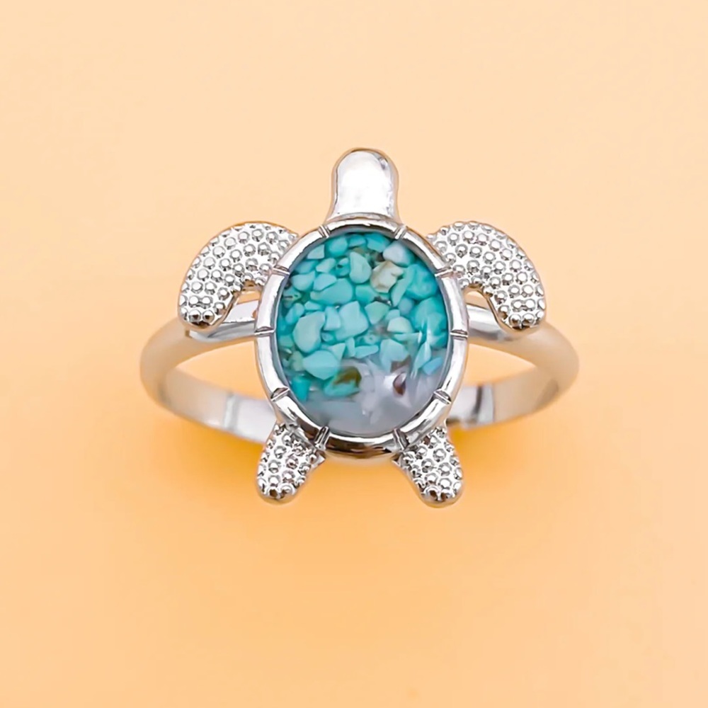 NWT🏝️SAND/TURQUOISE PEBBLES RESIN SILVER SEA TURTLE BEACH RING One Size Fits All - Picture 5 of 7